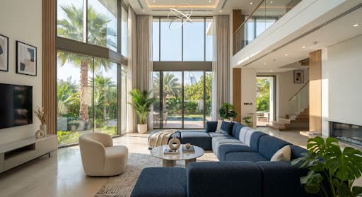 A bright Dubai home with open living spaces and a navy sofa